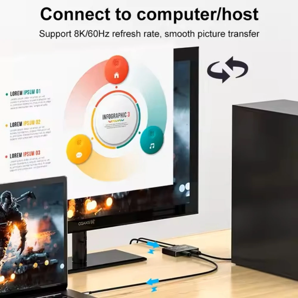 Conmutador bidireccional USB C, divisor tipo C, 100W, 2x1/1x2, conmutador de vídeo y datos KVM bidireccional 8K para Monitor de ordenador, fuente múltiple - imagen 3