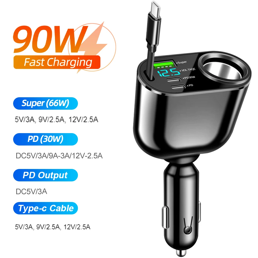 Cargador de coche de 120/90/66W, carga Flash súper rápida, Cable telescópico, cargador de coche 4 en 1, adaptador de 2 puertos USB Compatible