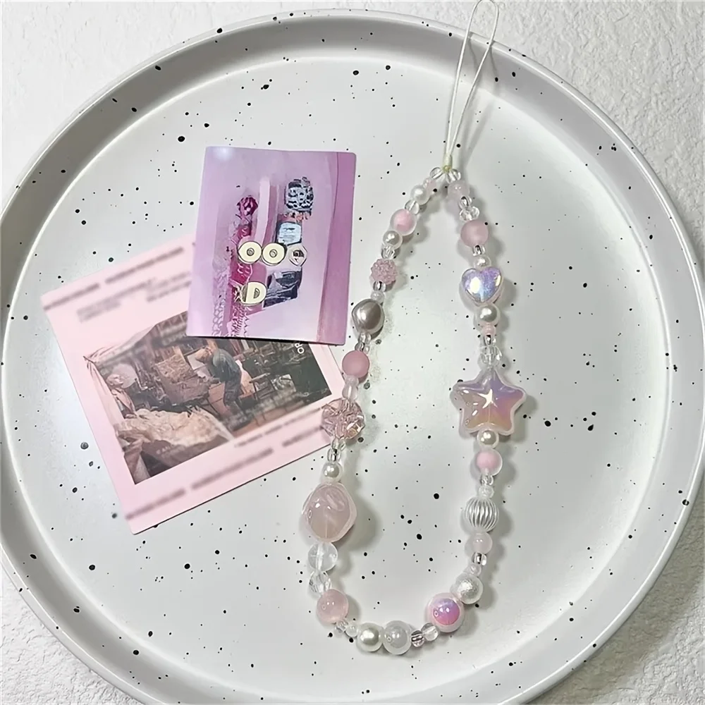 Cordón coreano dulce y bonito con cuentas de corazón y estrella rosa para teléfono, cordón con abalorio para iPhone, Samsung, joyería Universal antipérdida para colgar - imagen 2