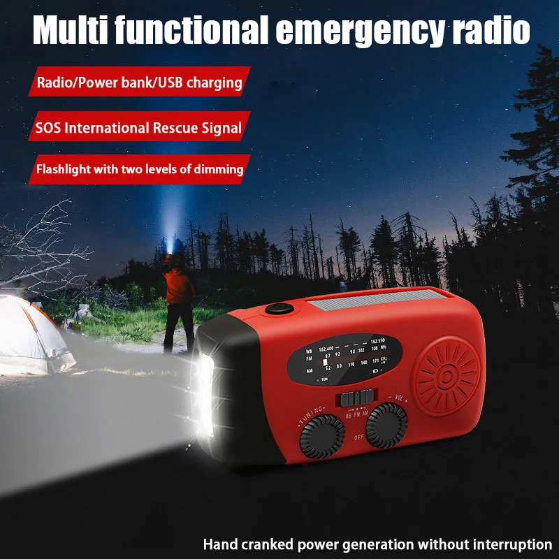 Radio AM/FM Radio de emergencia para exteriores Radio portátil de generación de energía solar Radio de manivela con linterna para emergencias de acampada
