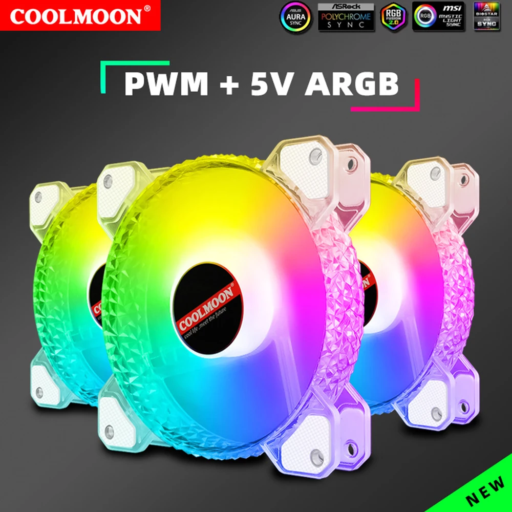 Coolmoon-ventilador ARGB de 12CM, Control PWM, 5V ARGB, chasis de 3 pines, disipador de calor, ventilador silencioso, AURA SYNC, 4 pines para carcasa de PC, enfriador de agua, radiador de CPU - imagen 3