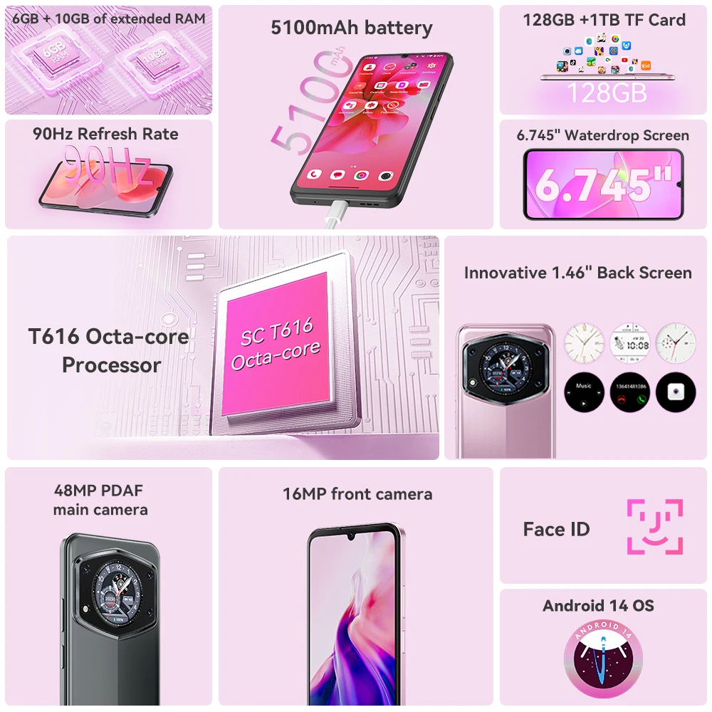 Cubot A30, Smartphone Android 14 , 16GB (6GB+10GB Extend) RAM+128GB ROM, Pantalla de 6.745 pulgadas 90Hz, 5100mAh, Cámara de 48MP, Face ID - imagen 2