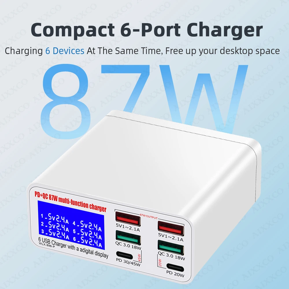 Cargador rápido QC 3,0 de 87W, adaptador de estación de carga USB C, teléfono, tableta, PD, para iPhone, xiaomi, huawei - imagen 2