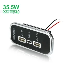 3 puertos 35,5 W PD tipo C 2.1A 1A USB cargador de coche enchufe 12/24V para motocicleta Auto camión ATV barco RV Bus adaptador de corriente salida