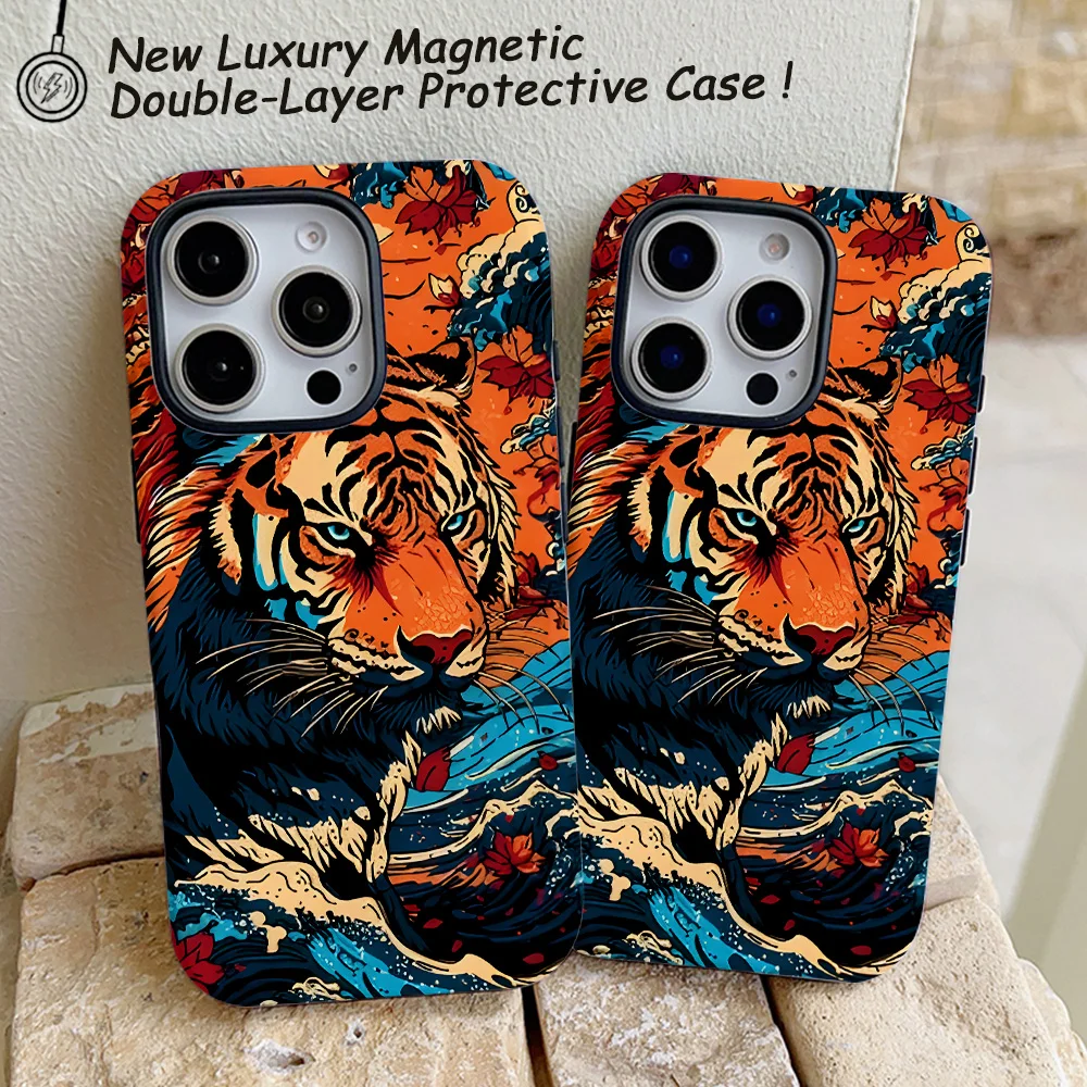 Funda de teléfono con diseño de tigre de dibujos animados para iPhone 16, 15, 14, 13, 12, 11 Pro Max Plus, funda trasera magnética de lujo de doble capa - imagen 4