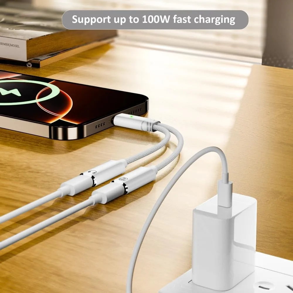 Adaptador USB C a auriculares y cargador 2 en 1 tipo C a IOS auriculares con cable de 8 pines con carga rápida PD 100W para teléfono portátil 16/15 - imagen 3
