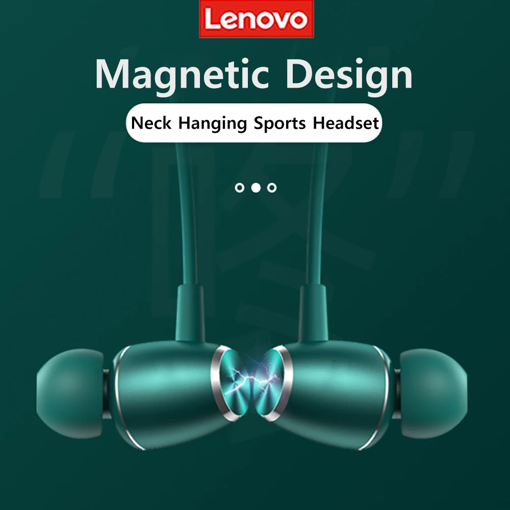 Lenovo-auriculares inalámbricos con Bluetooth 5,0, cascos magnéticos con banda para el cuello, deportivos, resistentes al agua IPX5, con micrófono con cancelación de ruido HE05X - imagen 2