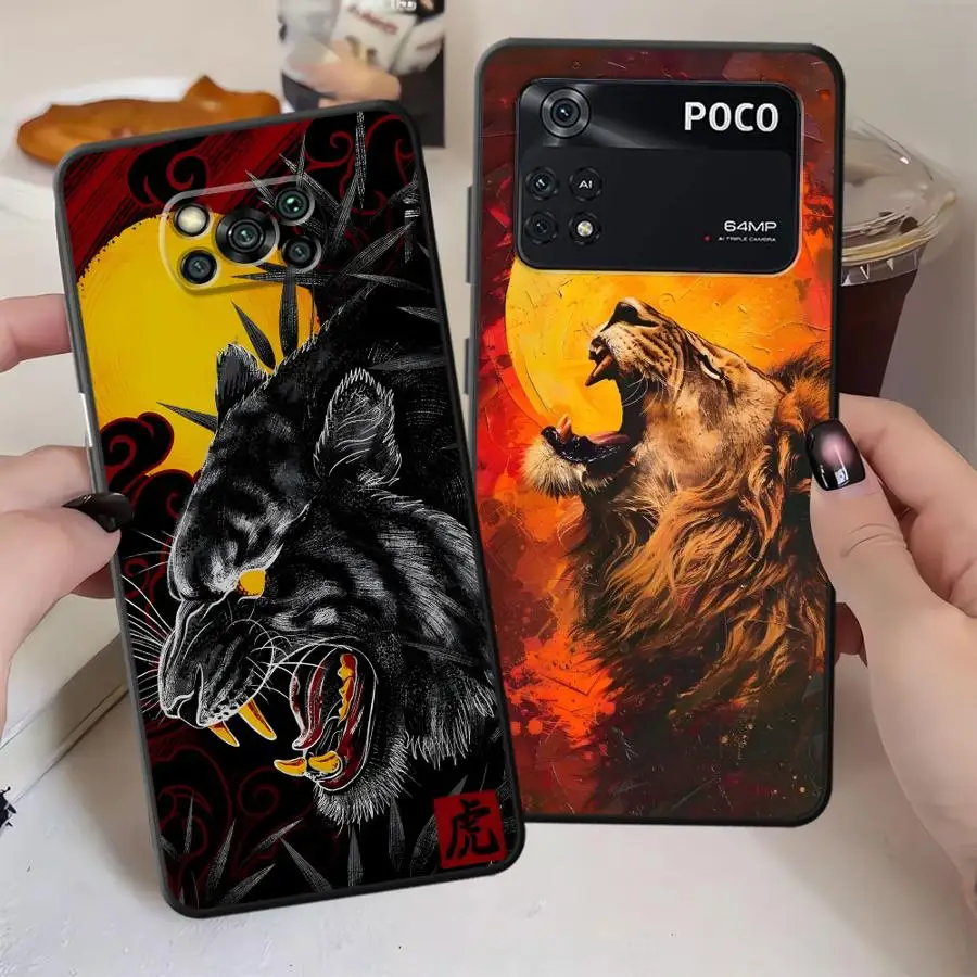 Funda de teléfono suave negra para Xiaomi Poco C40 X3 X4 X5 X7 Pro C75 F3 C50 F1 C71 M3 M4 M7 Pro C61 M5 pintura de Color sol León - imagen 2