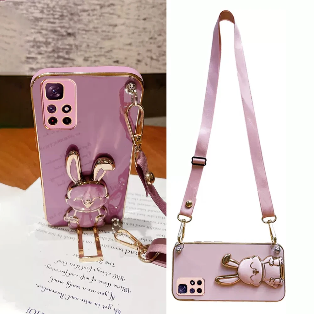 Funda de teléfono con correa de cordón cruzado para Xiaomi Redmi Note 11 11S 10 9 8 Pro 10S 9S 10A 10C 9A funda de silicona con soporte de conejo bonito - imagen 2