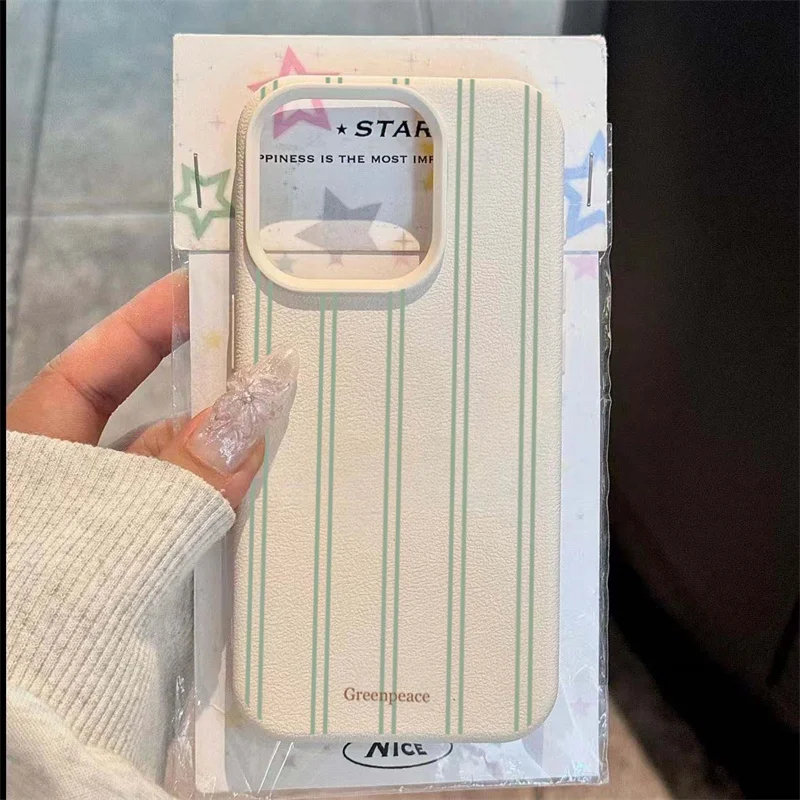 Fundas de teléfono con diseño de rayas de concha fresca para iPhone 16 15 14 13 12 Pro Max 11 16 Plus 16E, funda antideslizante a prueba de golpes con patrón de lichi - imagen 5