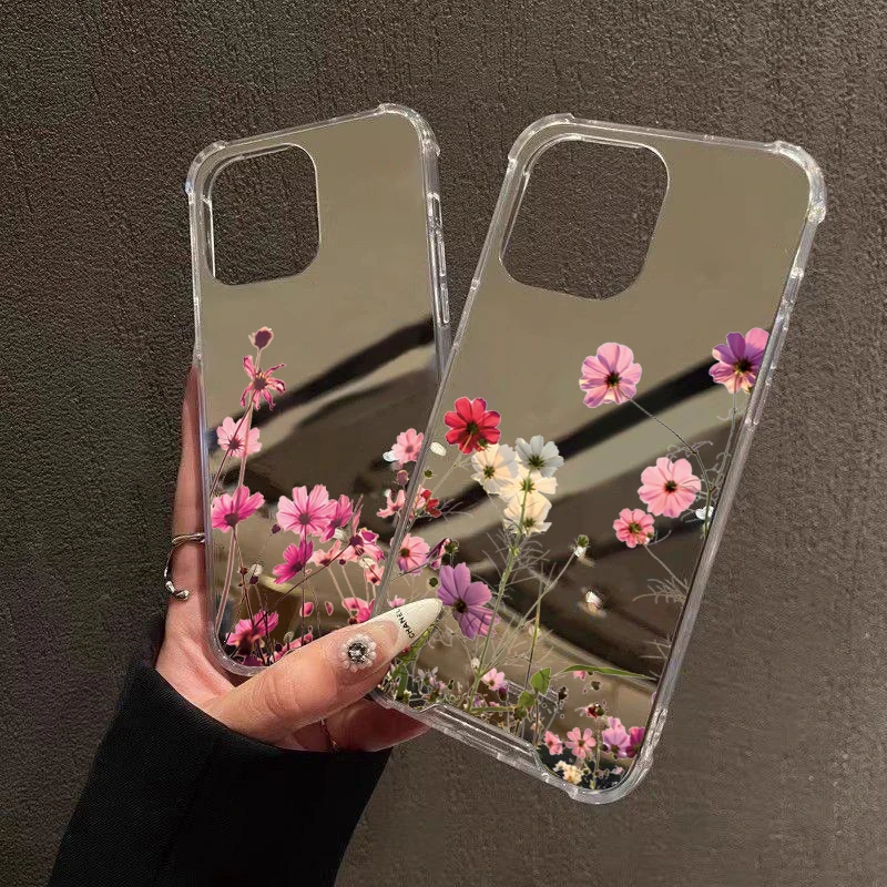 Funda de teléfono con espejo de flores para iPhone 16 17 Pro Max 15 14 13 12 11 Pro XS X XR 7 8 Plus espejo de maquillaje cubierta suave a prueba de golpes - imagen 5