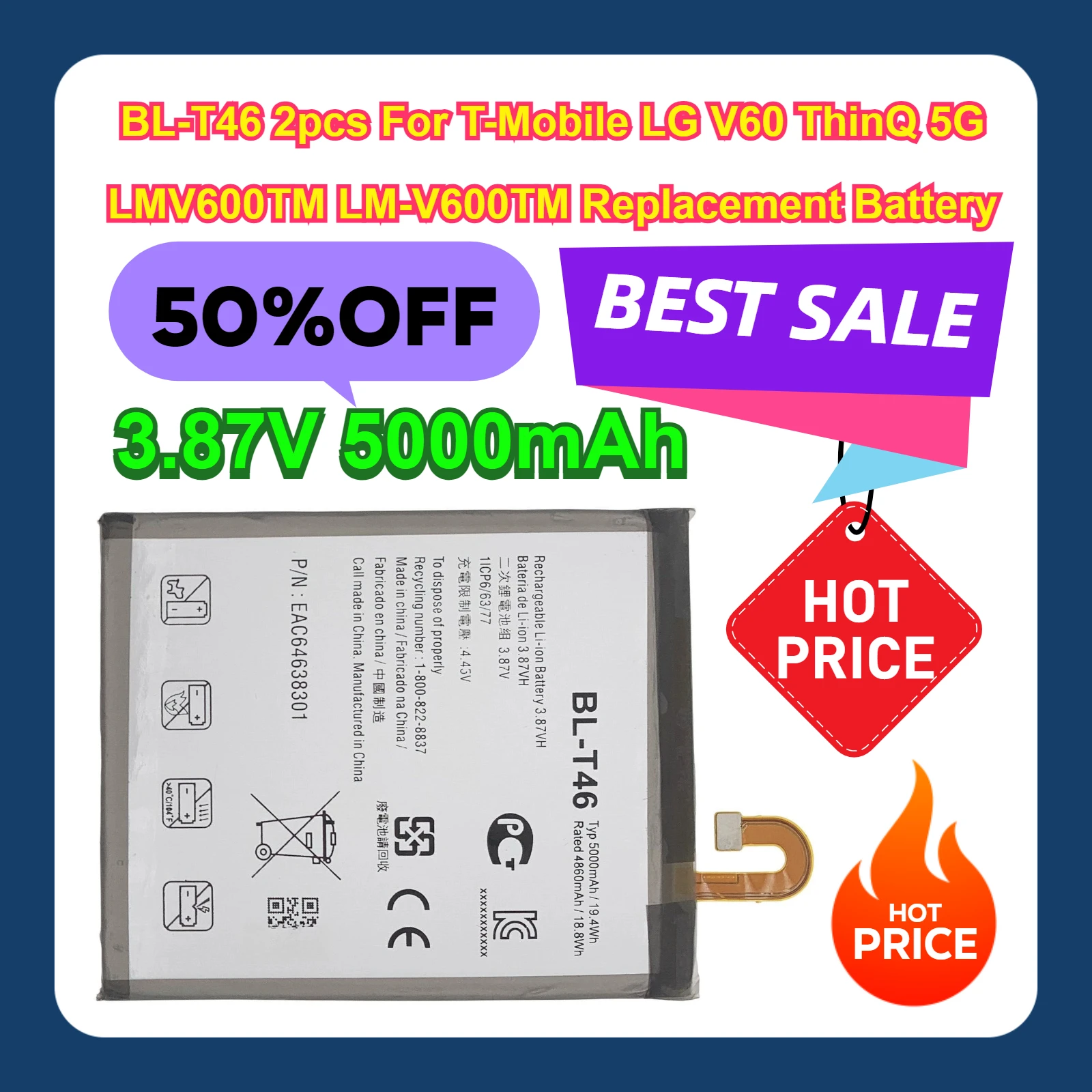 3,87 V 5000mAh BL-T46 2 uds para T-Mobile LG V60 ThinQ 5G LMV600TM LM-V600TM batería de repuesto