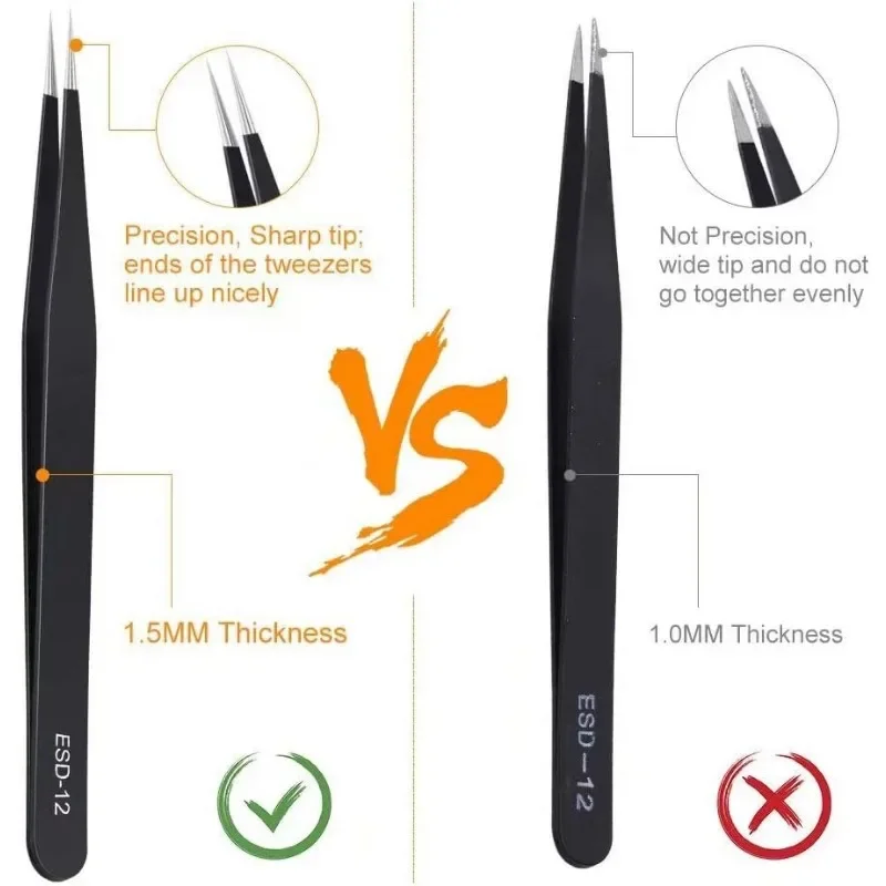 Juego de pinzas precisión ESD, herramienta reparación antiestáticas acero inoxidable para electrónica, herramientas artesanales, 6 uds - imagen 5
