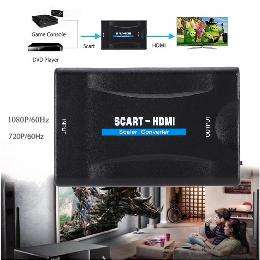 Grwibeou 1080P adaptador convertidor de vídeo Compatible con SCART a HDMI para HDTV DVD para Sky Box STB Plug and Play con adaptador de corriente CC - imagen 2
