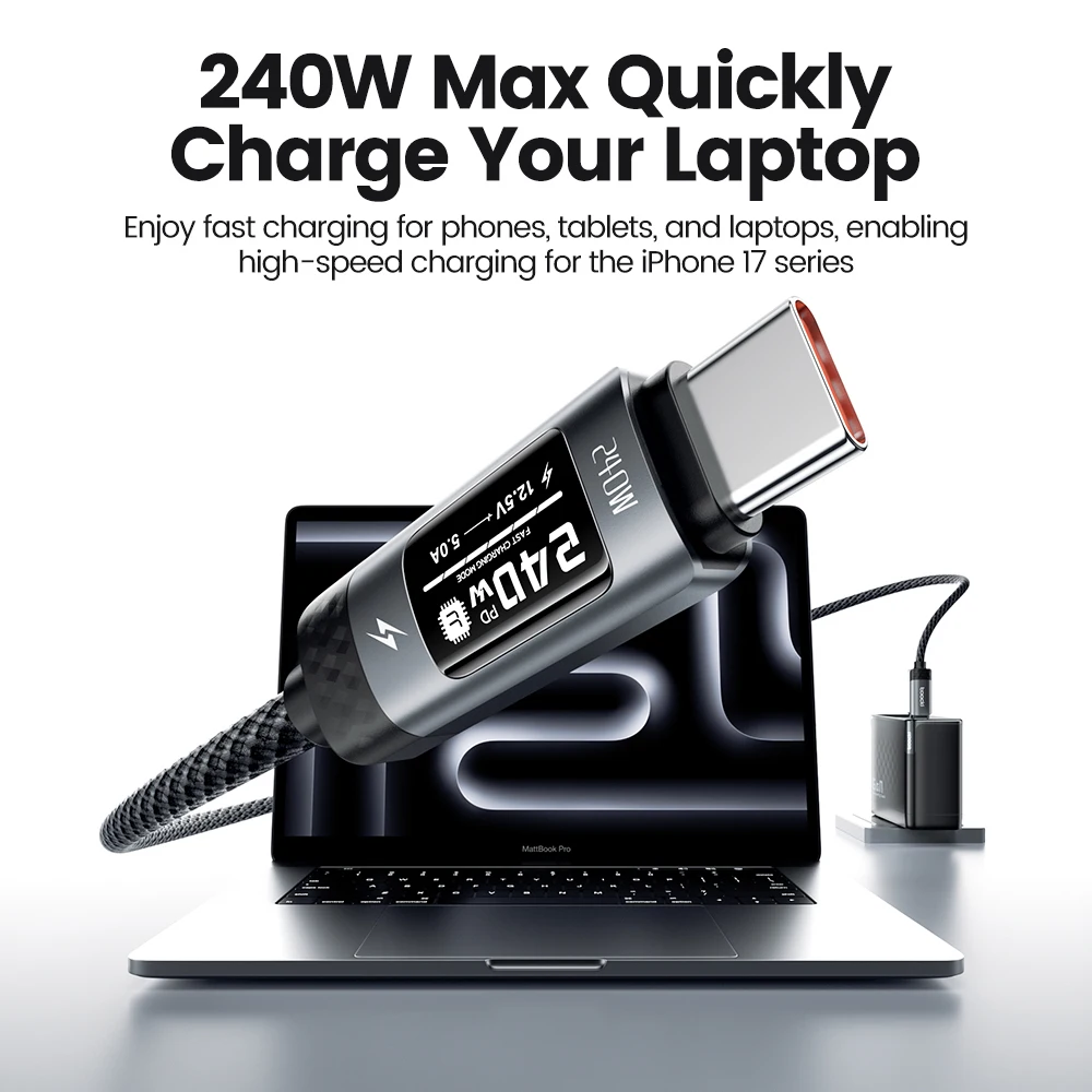 Toocki 240W USB C Cbale carga rápida pantalla Digital OLED PD 3,1 tipo C a USB C cable de datos para Macbook iphone 16 17 Samsung S25 - imagen 3