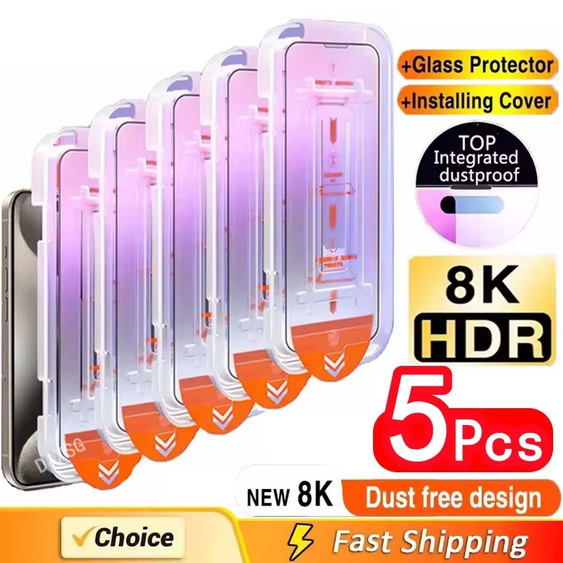 Protector de pantalla de fácil instalación, sin polvo, 5 uds., para iPhone 17 Pro 16 Pro Max 13 11 15 14 16e 12 Mini XR Xs X 7 8 Plus Air Glass