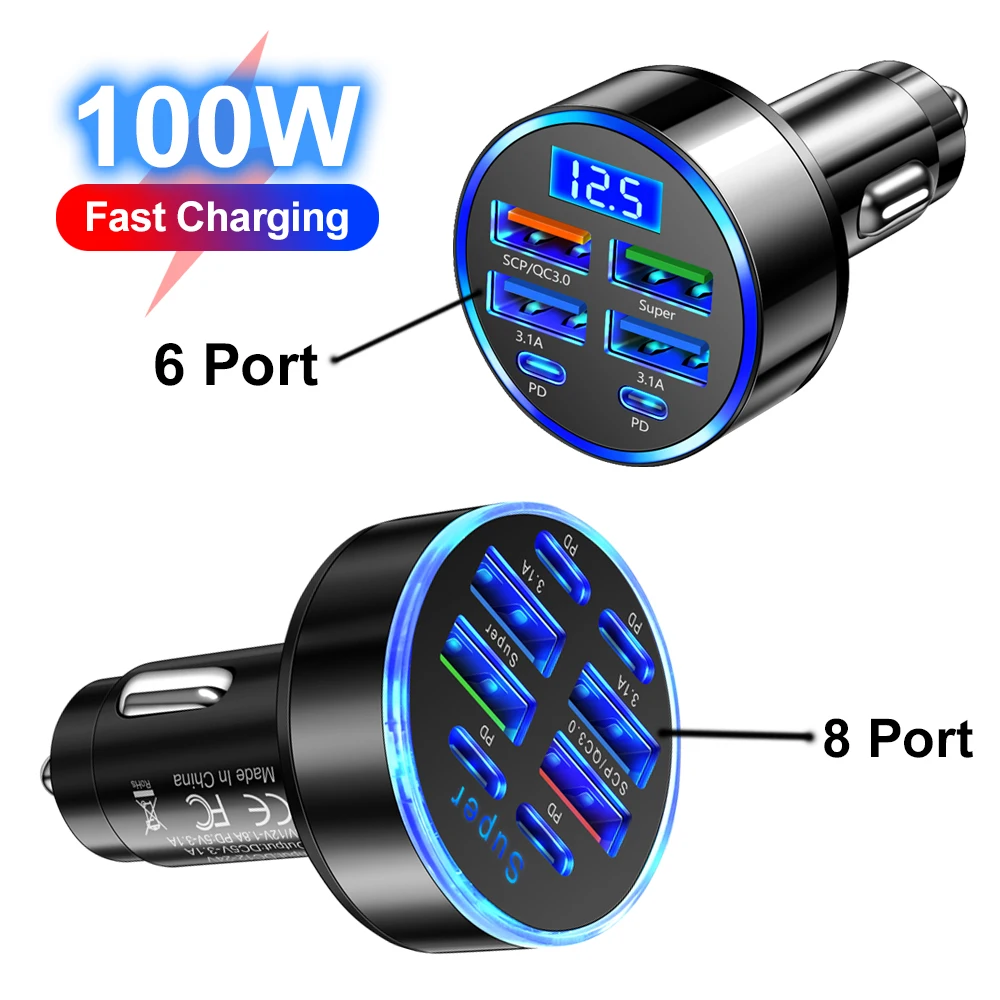 Cargador de coche de 100W y 6/8 puertos, carga rápida PD QC3.0 USB C, adaptador tipo C para teléfono de coche, para iPhone, Samsung, Huawei, Xiaomi - imagen 2