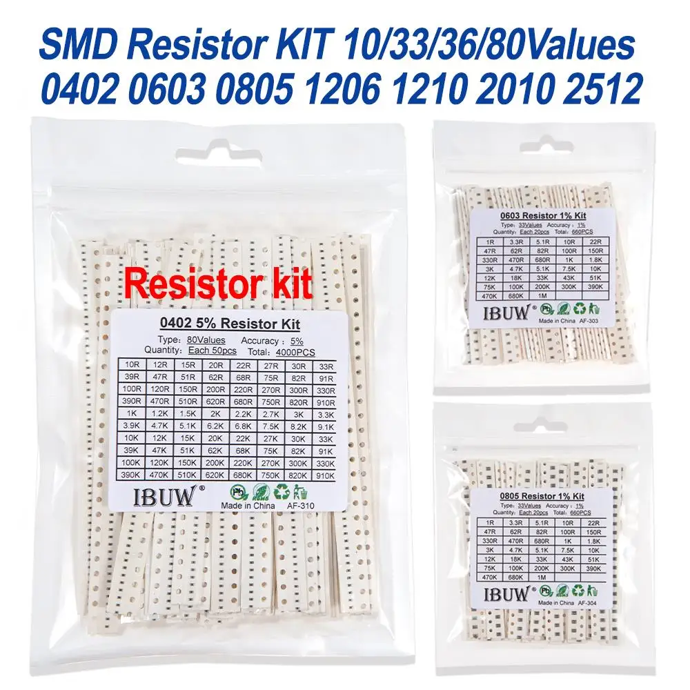 660pcs 200pcs 720pcs 4000pcs 0402 0603 0805 1206 1210 2512 smd resistor kit igmopnrq assorted kit 10k 100k 1k 1r 100r 220r 1% 5%