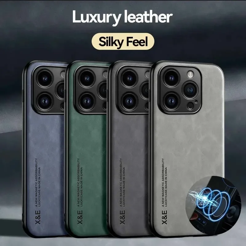 Funda de cuero de lujo para iPhone 17 16 16e 15 14 13 12 11 Pro Max Plus 13 12 Mini SE 8 7 cubierta con placa de Metal soporte para coche - imagen 2