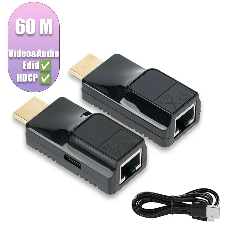 1 par de extensores compatibles con HDMI de 60M sobre un solo Cable RJ45 Cat6 1080P TX RX adaptador de vídeo Ethernet para PC portátiles Monitor HDTV
