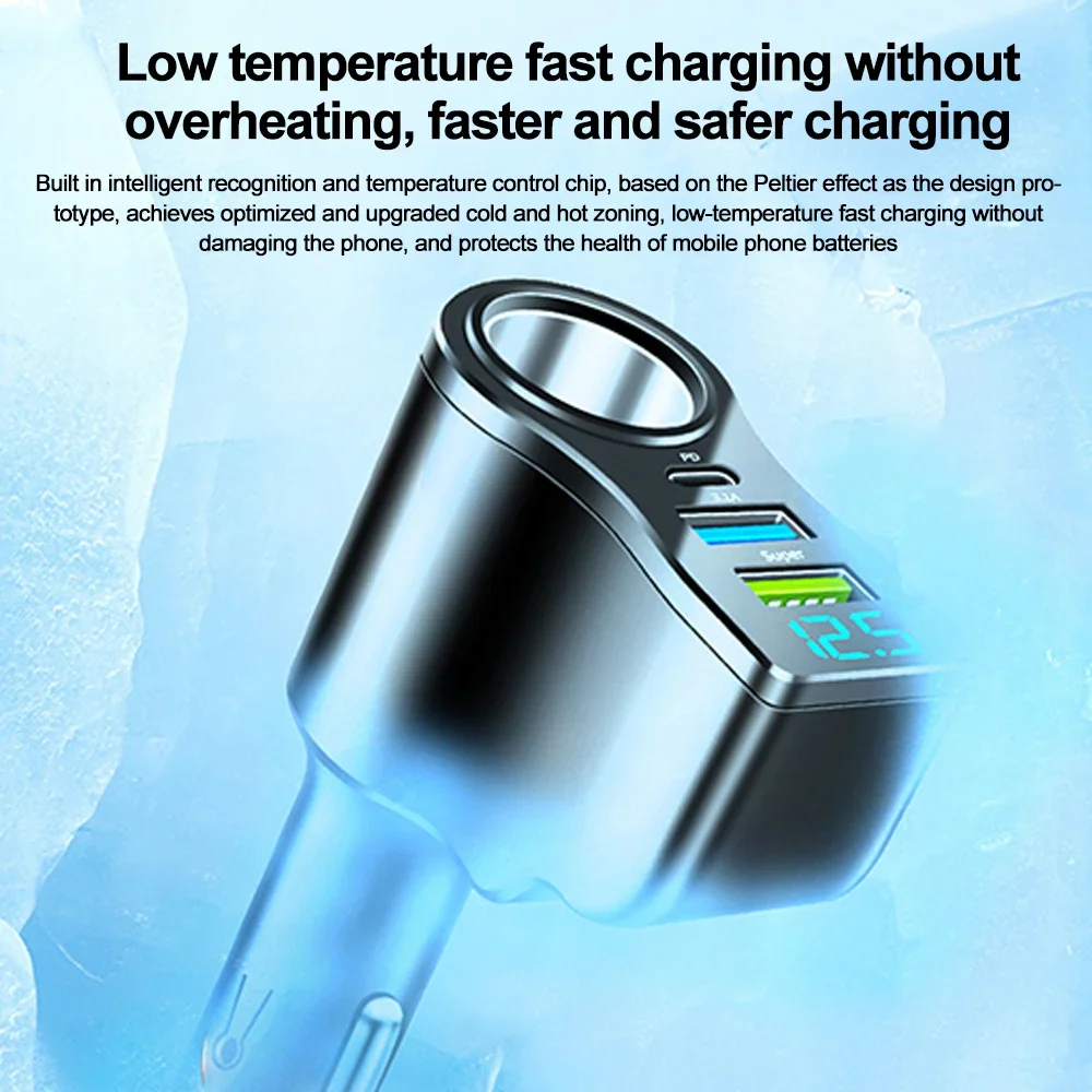 Cargador de coche 4 en 1 de 66W, divisor de enchufe de carga súper rápida, cargador de coche USB tipo C, pantalla Digital de voltaje para iPhone y Huawei - imagen 3