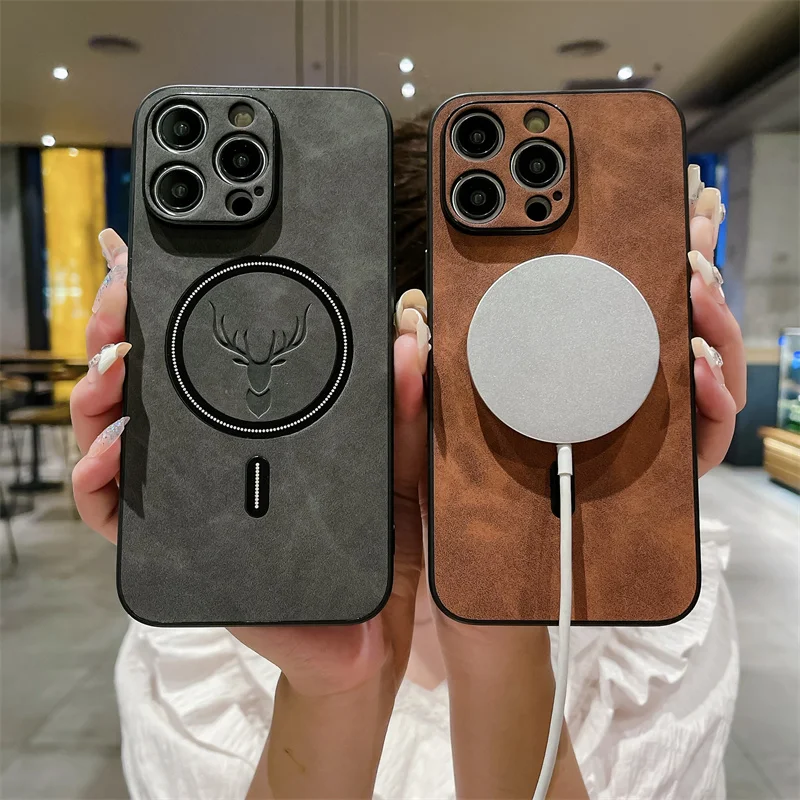 Funda de teléfono magnética de piel de cordero con cabeza de ciervo para iPhone 16 16E 15 14 Plus 13 12 11 Pro Max a prueba de golpes para funda trasera Magsafe - imagen 3