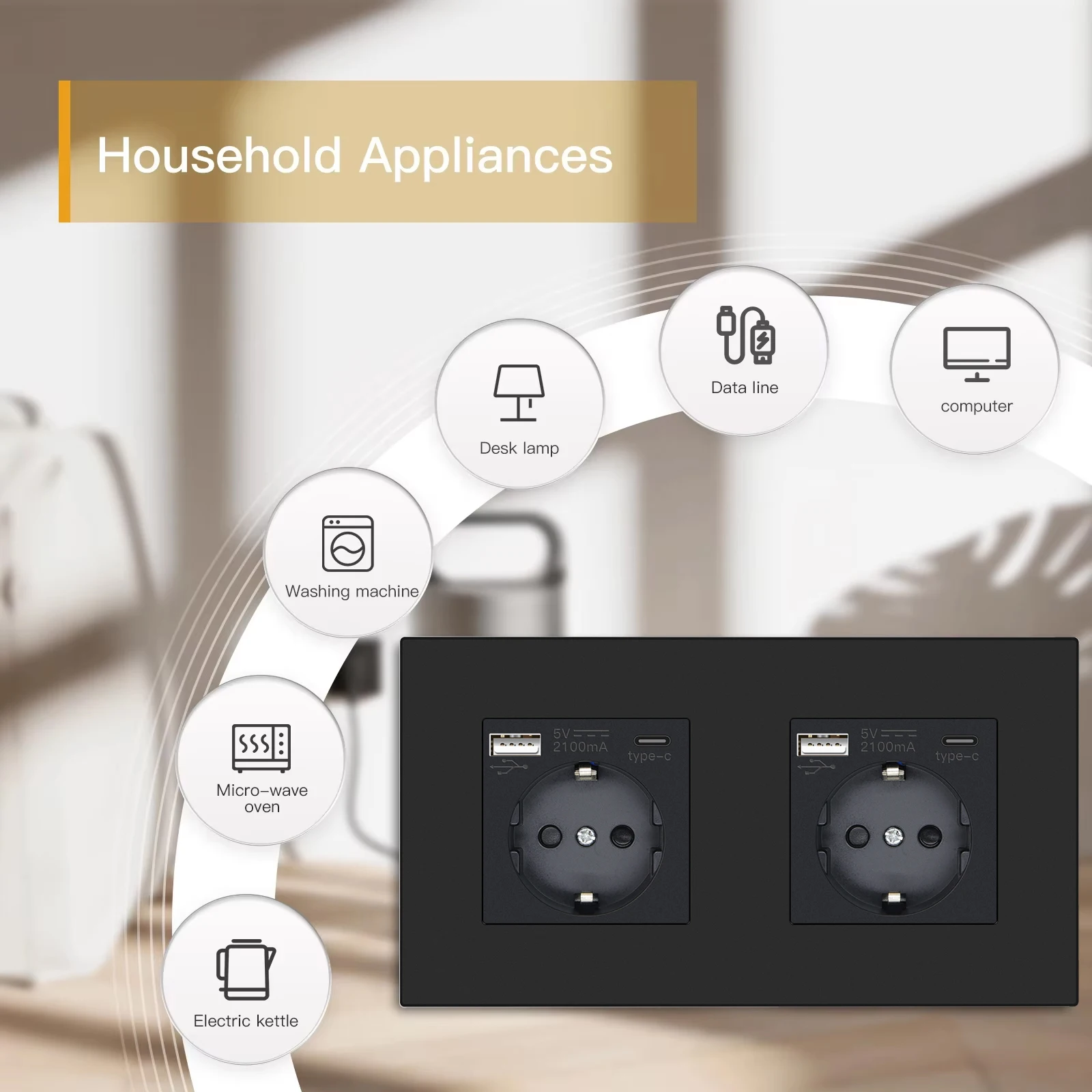 BSEED-enchufe de pared individual de la UE, enchufes USB dobles tipo c, enchufes de corriente triples, cuatro tomas de corriente, puerto USB C 2.1A, marco de plástico - imagen 3