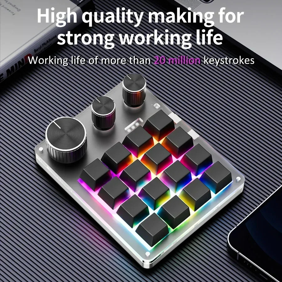 Macro de programación RGB personalizado, 16 teclas, 3 perillas, teclado Bluetooth, copia de pasta, teclado para juegos de Photoshop, Macropad mecánico Hotswap DIY - imagen 2