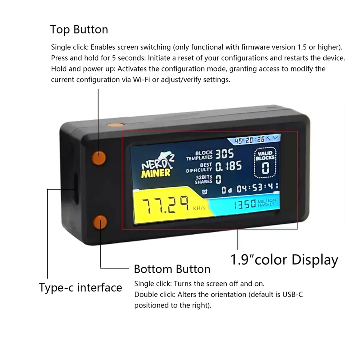 SuperDeals Nerdminer V2 78KH/S BTC minero de lotería individual con pantalla LCD Bitcoin BTC Crypto Miner ASIC minero silencioso - imagen 2