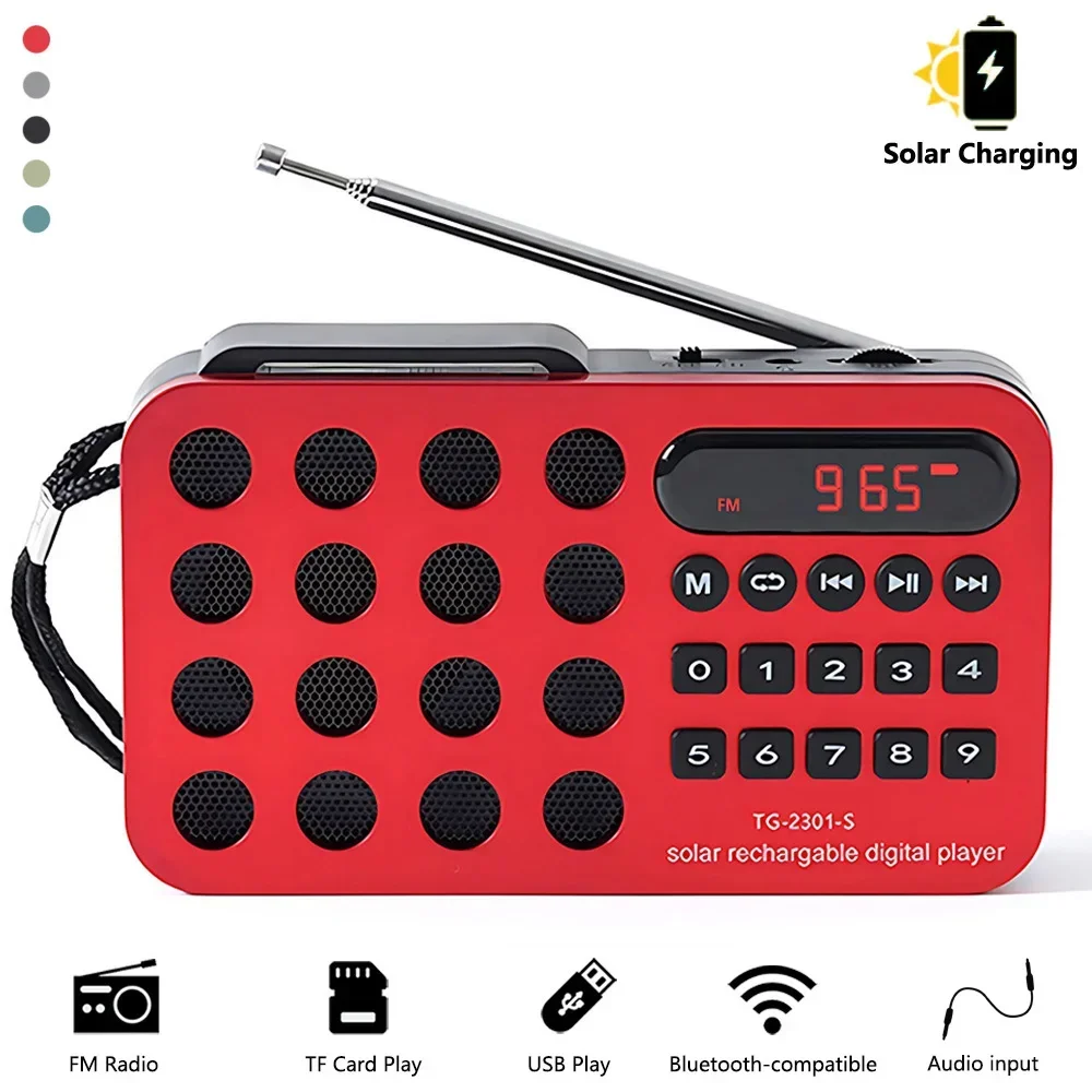 Mini Radio FM portátil de bolsillo, altavoces inalámbricos con carga Solar, compatible con reproducción de tarjetas USB TF, receptor de Radio FM compatible con Bluetooth - imagen 2