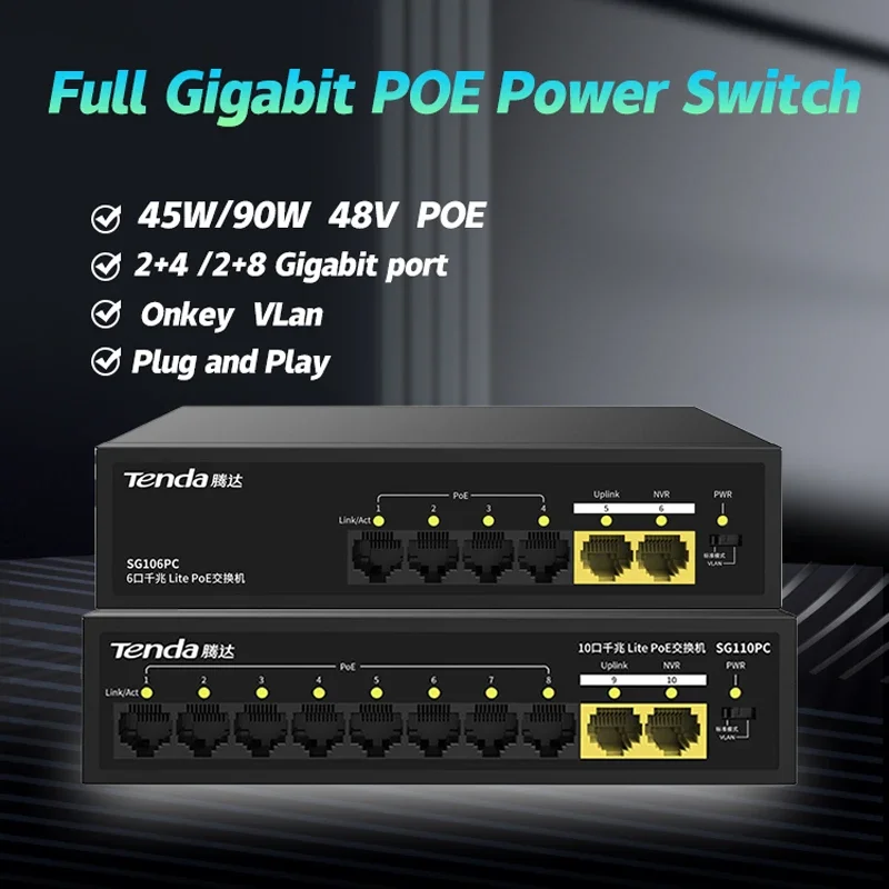Tenda Gigabit Conmutador de red de 6 puertos PoE Power 1000Mbps AP Monitoreo VLAN 1Gbps Conmutador Ethernet de 10 puertos - imagen 2