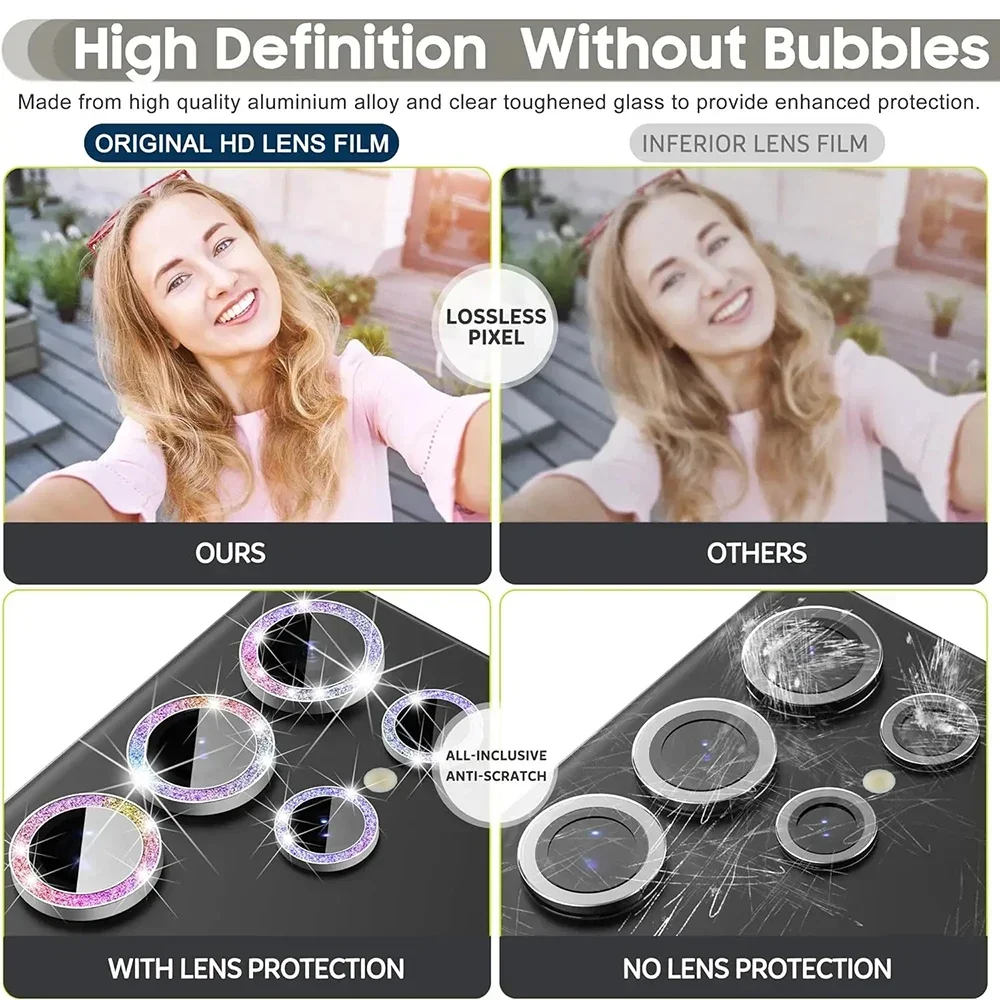 Para Samsung S25 Ultra S23 S22 S24 Ultra Protector de lente de cámara brillo Bling anillo de aleación de aluminio Individual con tablero de alineación - imagen 4