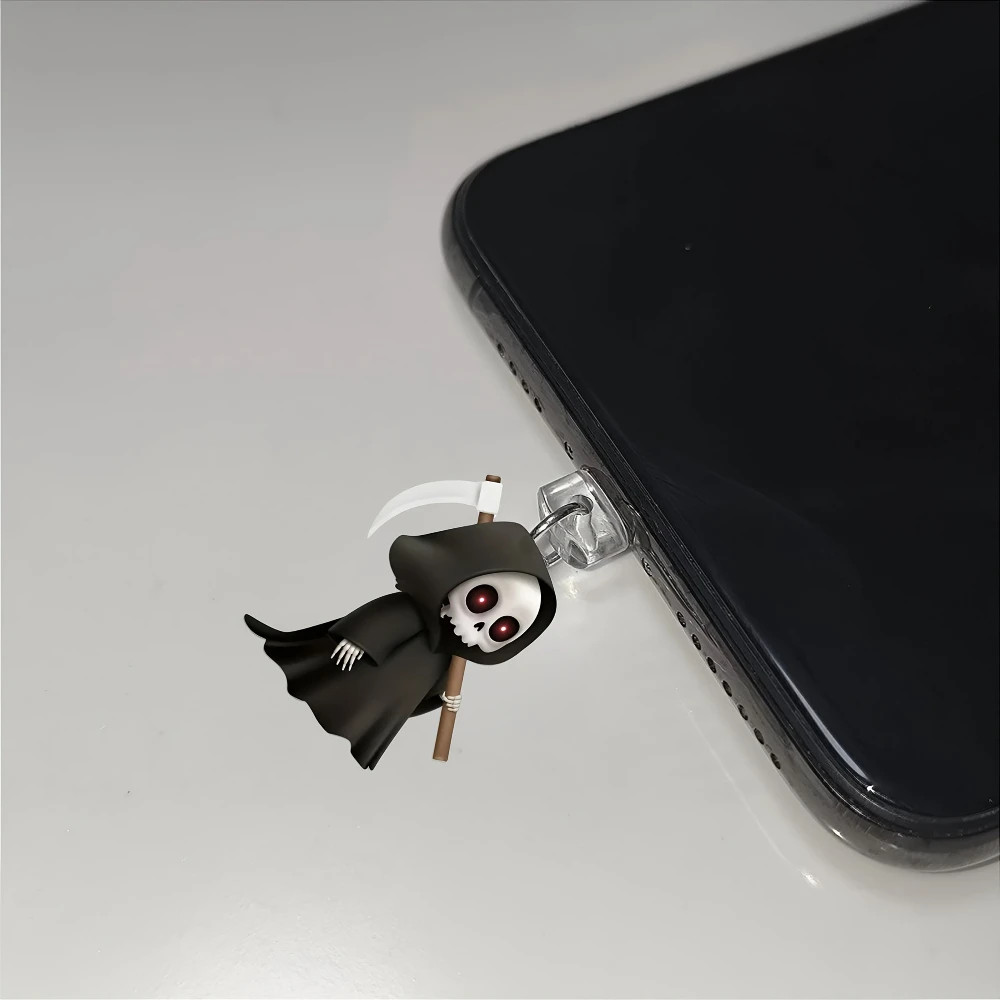 2 uds 2D dibujos animados regalo de Halloween Reaper tapón antipolvo acrílico adecuado para iPhone tipo C Android AirPods decoración de puerto de carga - imagen 2