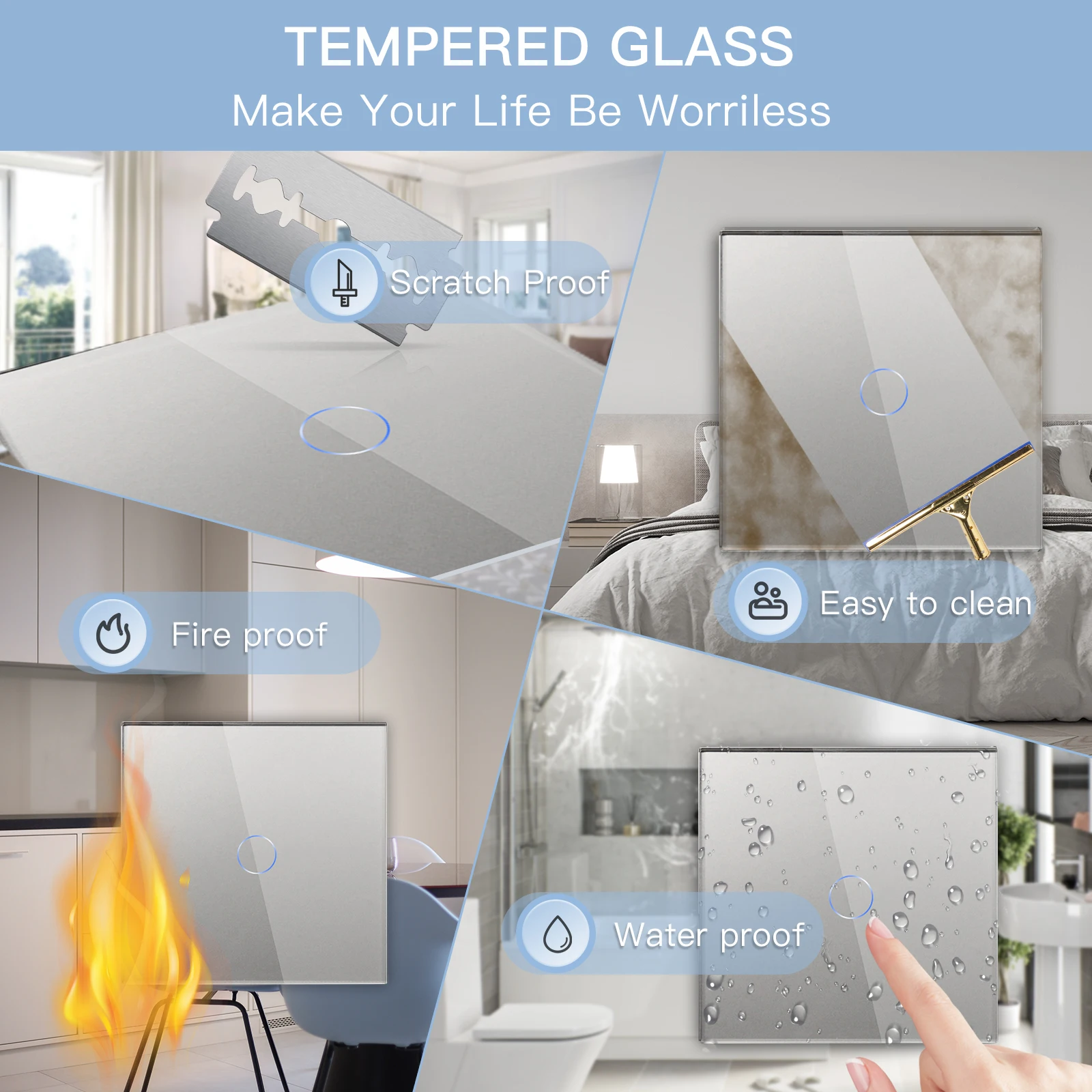 Interruptor de luz táctil de pared Bseed, interruptor de luz de 2 vías de 1/2/3 entradas con enchufe europeo, Panel de vidrio USB tipo C, retroiluminación azul de 240V para escaleras - imagen 5