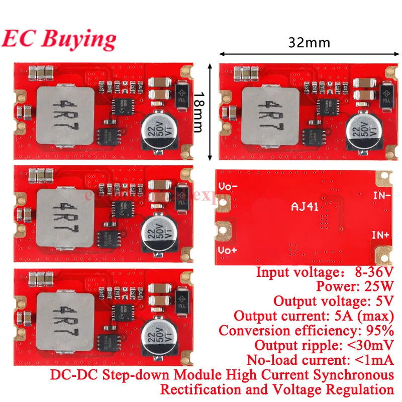 Módulo de fuente de alimentación reductor de DC-DC, 5 unidades, 25W, 8V-36V a 5V, 5A, placa estabilizadora de voltaje rectificador síncrono de alta corriente