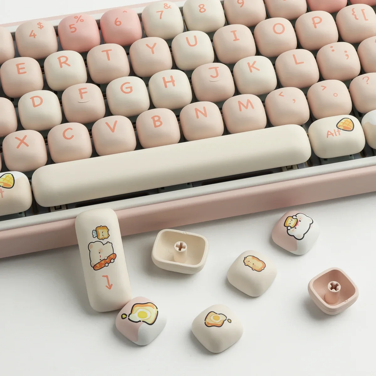 Teclas PBT Bread Bear, teclas redondeadas, sublimación de tinte de teclas MOG rosa y lindo, 144 teclas para teclado mecánico - imagen 5