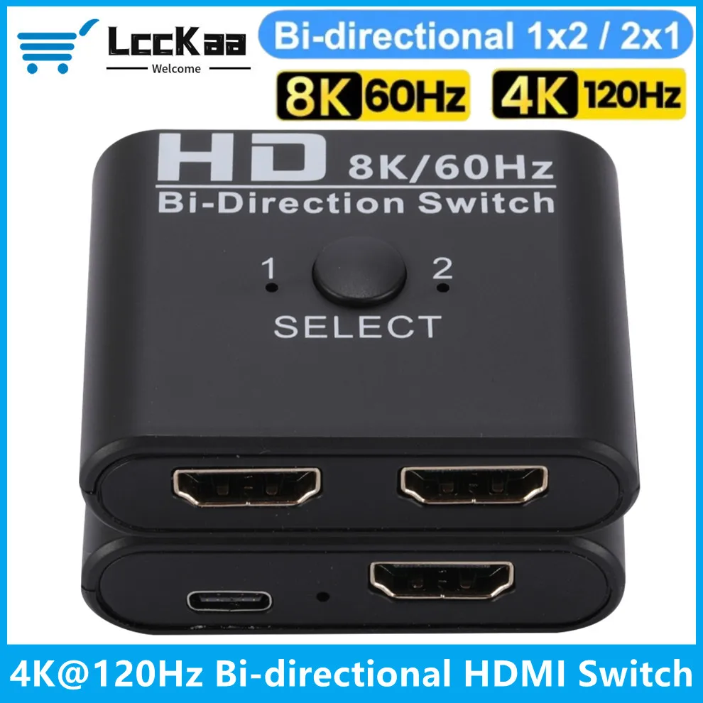 Divisor de interruptor HDMI bidireccional 8K 60Hz 1x2/2x1 HDMI bidireccional 4K 120Hz Selector de conmutador para TV Box proyector PS3/4 Xbox