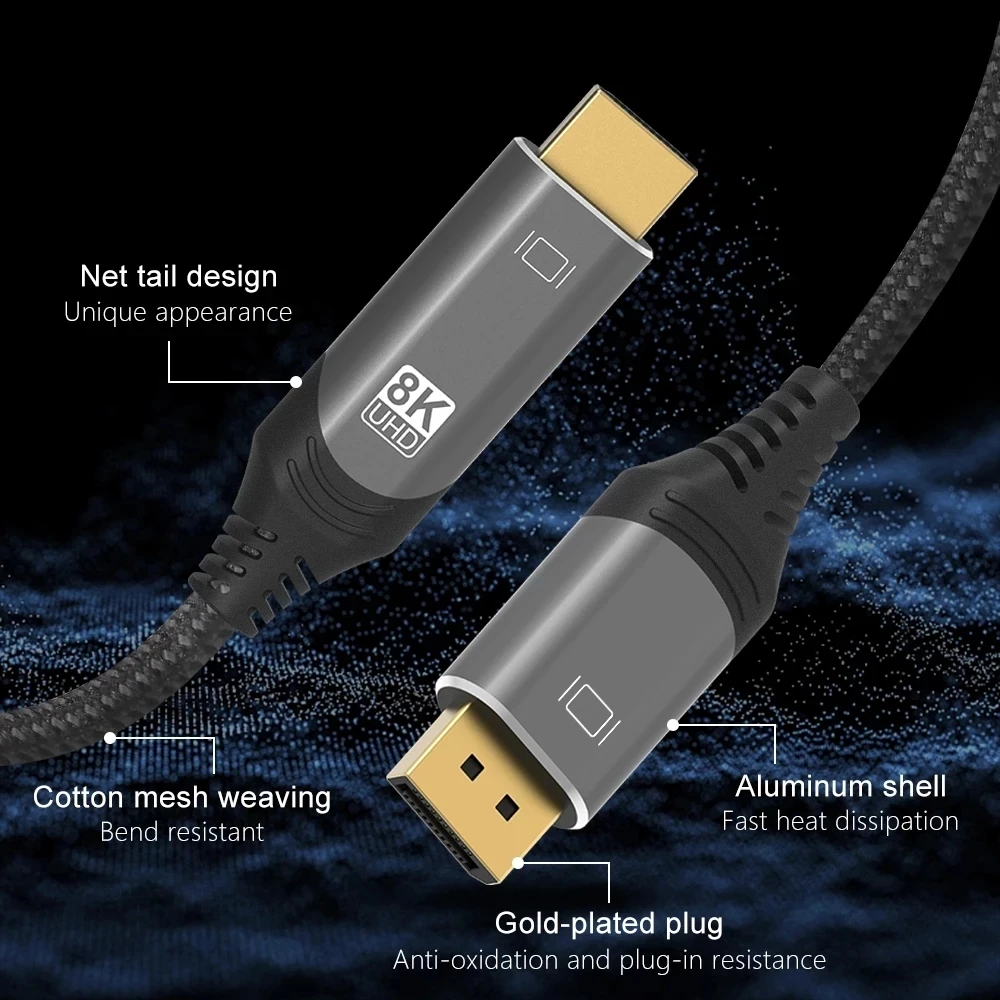 Cable convertidor compatible con DP a HDMI 8K @ 30Hz 4K @ 120Hz puerto de pantalla 1,4 a HDMI 2,1 HD Cable para ordenador TV proyector RTX3080 - imagen 2