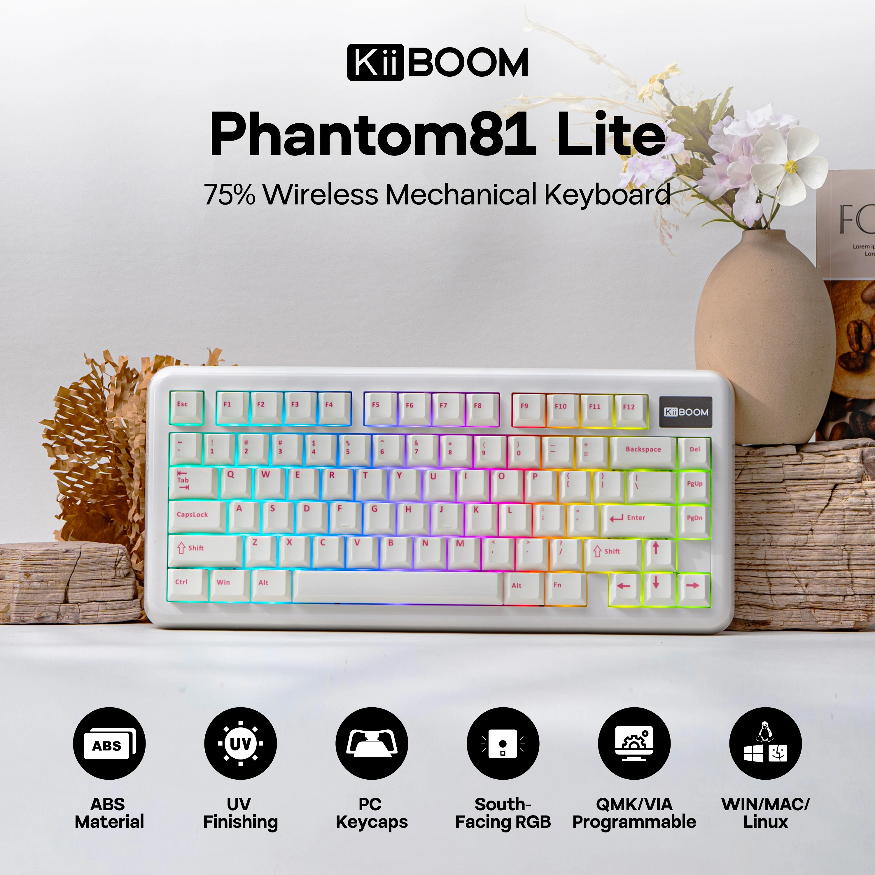 KiiBOOM Phantom81 Lite QMK/VIA 75% junta de intercambio en caliente con cable/BT/2,4 GHz teclado mecánico inalámbrico carcasa ABS + retroiluminación UV Tech RGB - imagen 3