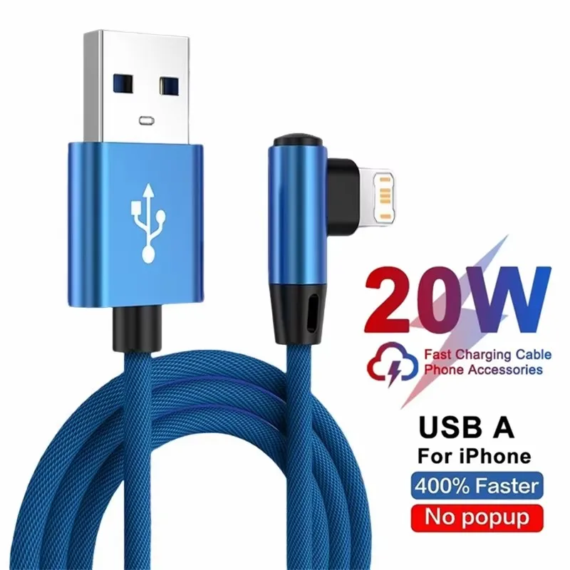 Cable USB de carga rápida de ángulo recto para iPhone 11 12 13 Pro XS Max X XR 6 6S 7 8 14 Plus Cable de datos de codo trenzado 1m 2m 3m - imagen 4