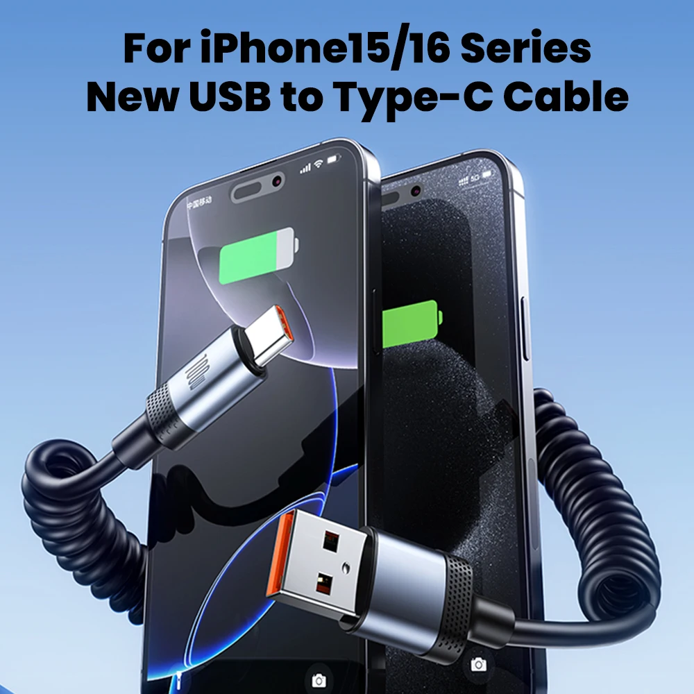 Cable de resorte para coche de 1,5 M, Cable de carga súper rápida de 100W 5A tipo C a Cable tipo C para iPhone 15 16 Samsung Huawei Xiaomi Cable USB C - imagen 3