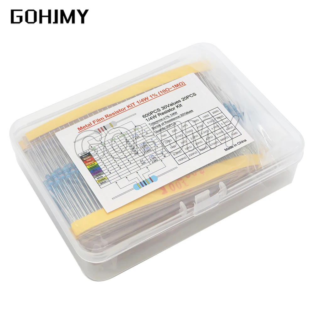 Paquete de resistencias de película de Metal, kit de resistencias de película de Metal diy con anillo de color de resistencia (10 Ohmios ~ 1 M ohm), 600 uds, 30 valores * 20 piezas, 1%, 1/4 W - imagen 3
