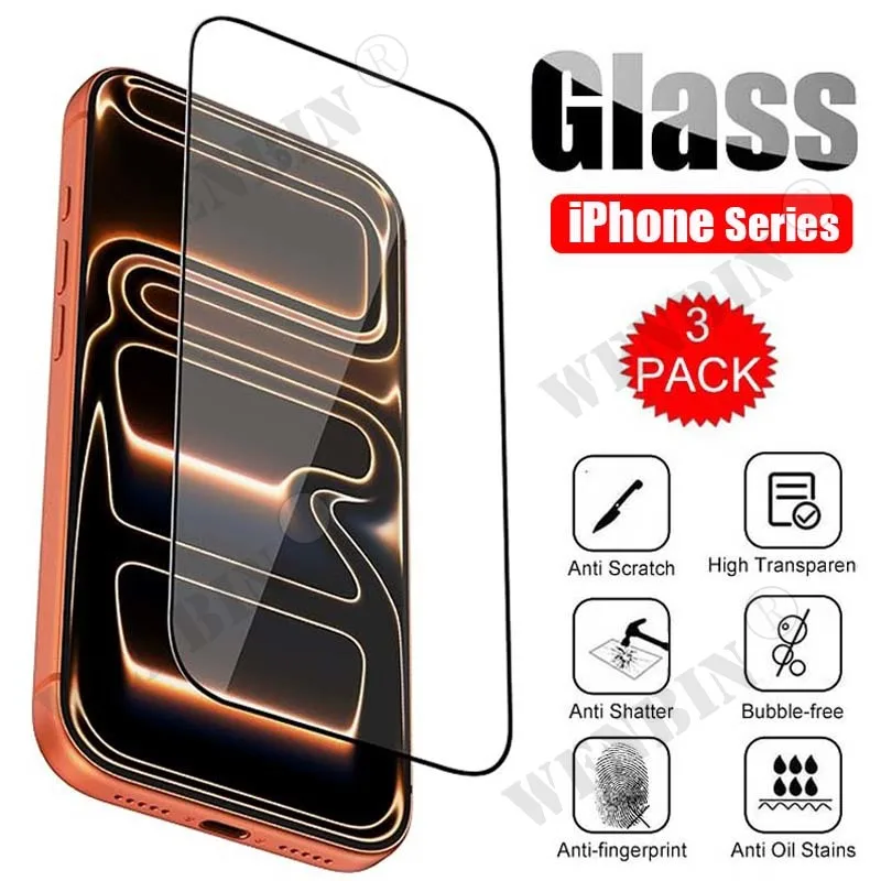 3 piezas de vidrio templado para iPhone 17 Pro Max 16 15 14 13 12 11 Pro Max Plus Mini Protector de pantalla de cubierta completa curvada