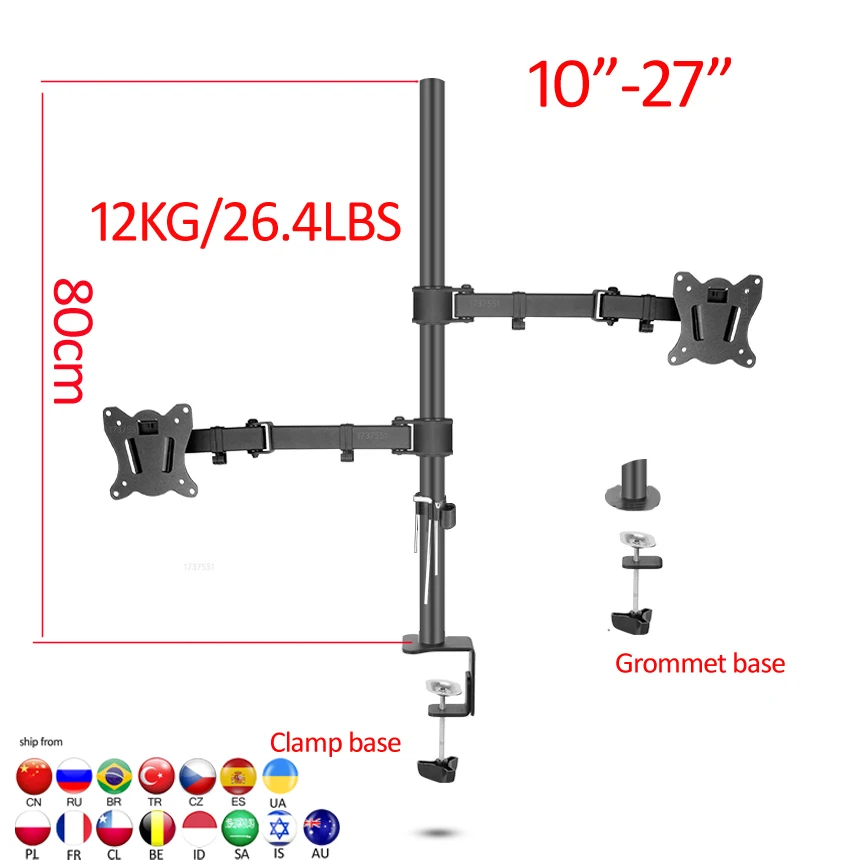 (80 cm) DL-T902-280II soporte de escritorio para Monitor Dual de movimiento completo abrazadera de 10 "-27" base con orificio para ojal montaje en PC brazo plegable de 12kg