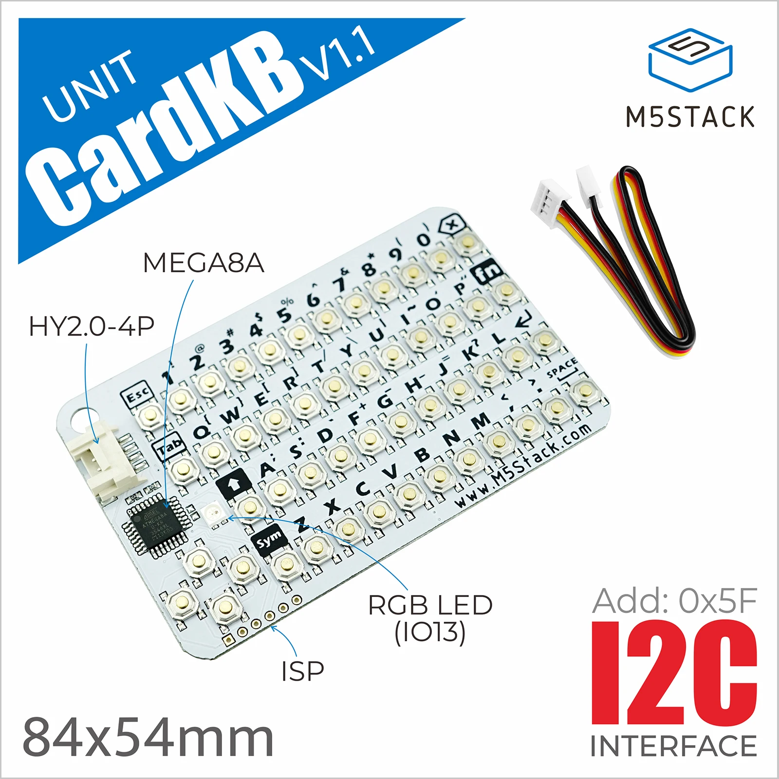 M5Stack Oficial CardKB v1.1 Mini Unidad de teclado QWERTY de 50 teclas con MCU ATMega8A, I2C, LED RGB, programable para UIFlow (MEGA8A) - imagen 2