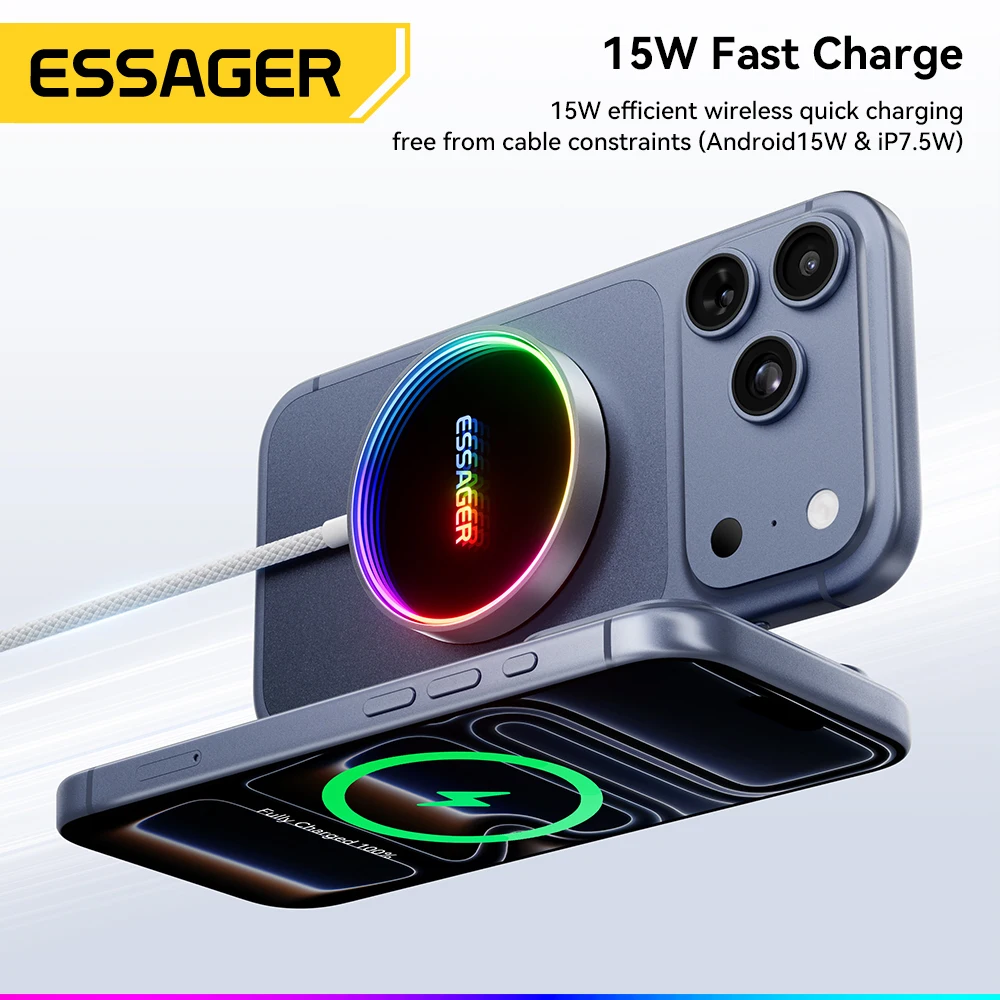 ESSAGER-cargador inalámbrico magnético de 15W, cargador de teléfono de carga rápida RGB para iPhone 16, 15, 14, 13 Pro, base de carga de teléfono Macsafe - imagen 4