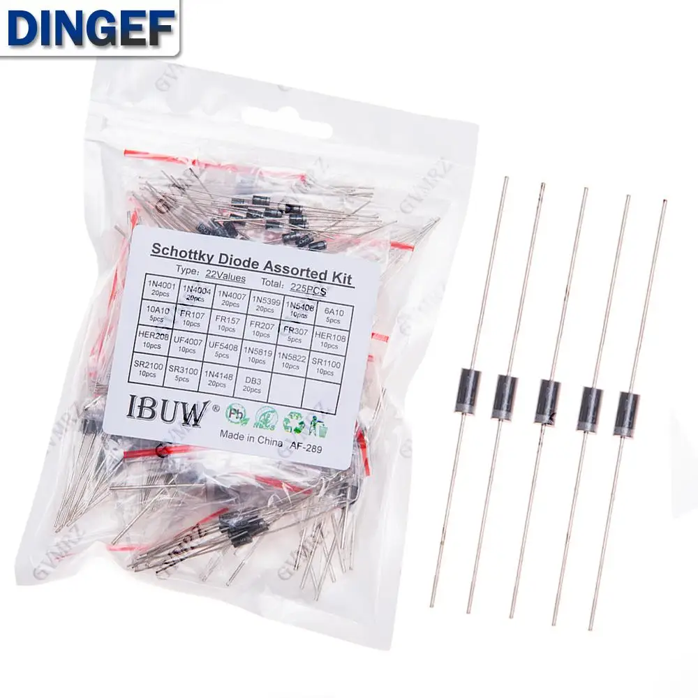 225 Uds 22 valores Kit surtido de diodos Schottky 1N4001 1N5819 1N4007 1N4148 DB3 10A10 6A10 para KIT de rectificación electrónica - imagen 3