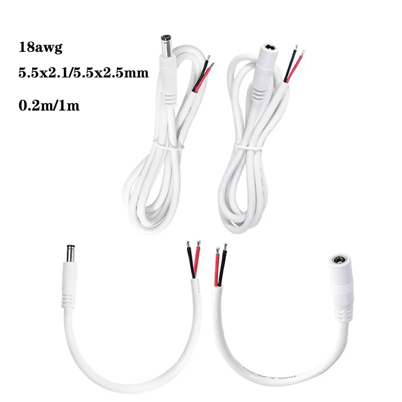 20cm 100cm blanco 18awg 7A DC conector macho hembra cable de 2 pines cable de extensión de fuente de alimentación Cable de cámara 5,5mm x 2,1mm 2,5mm cobre
