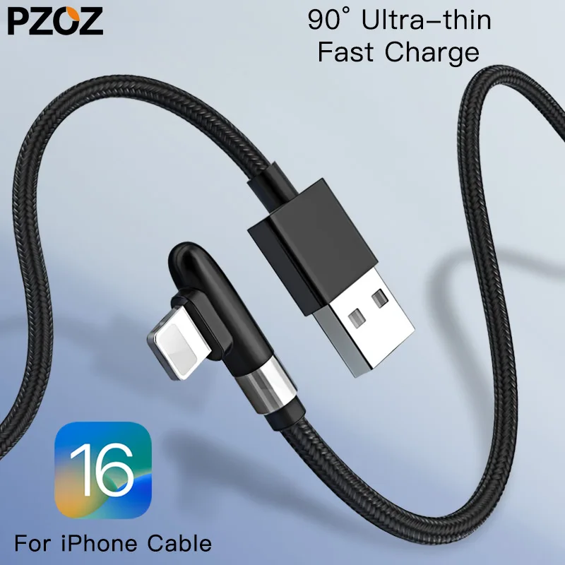 Cable PZOZ 3A de 90 grados para iPhone 14 13 12 11 Pro Max Xs Xr X 8 6 Plus 5 5S SE iPad Cable de carga rápida Cable de cargador - imagen 2
