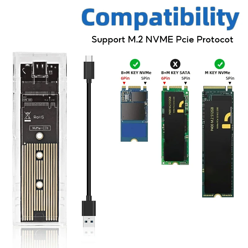 M.2 NVME PCIe NGFF SATA protocolo Dual SSD carcasa transparente USB tipo C 10Gbps PCI-E M2 SSD caja de disco duro externo transparente - imagen 5